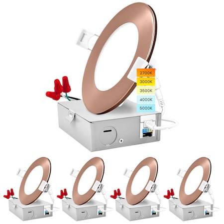 Luxrite 4" Ultra Thin LED Recessed Downlights 5 CCT Selectable 2700K-5000K 10W 750LM Dimmable Copper 4-Pack LR23756 LR23772-4PK